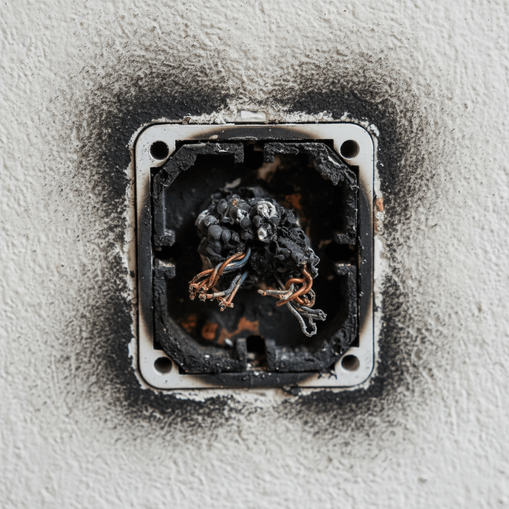 Verschmorte Kabel in einer Unterputzdose werden repariert