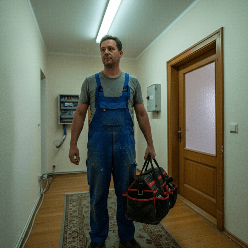 Professioneller Techniker bei der Elektroinstallation in Arbeitskleidung