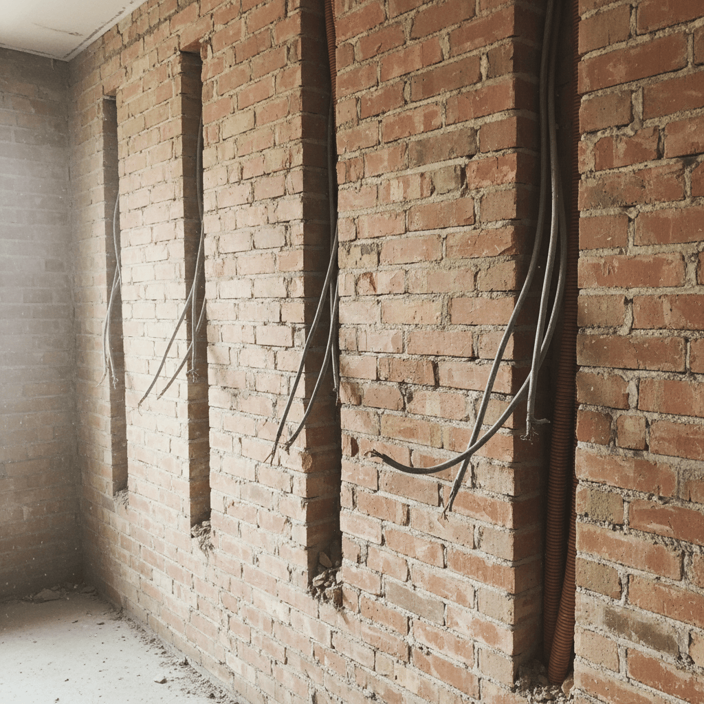 Rohbauwand mit neu verlegten Stromleitungen und Dosen