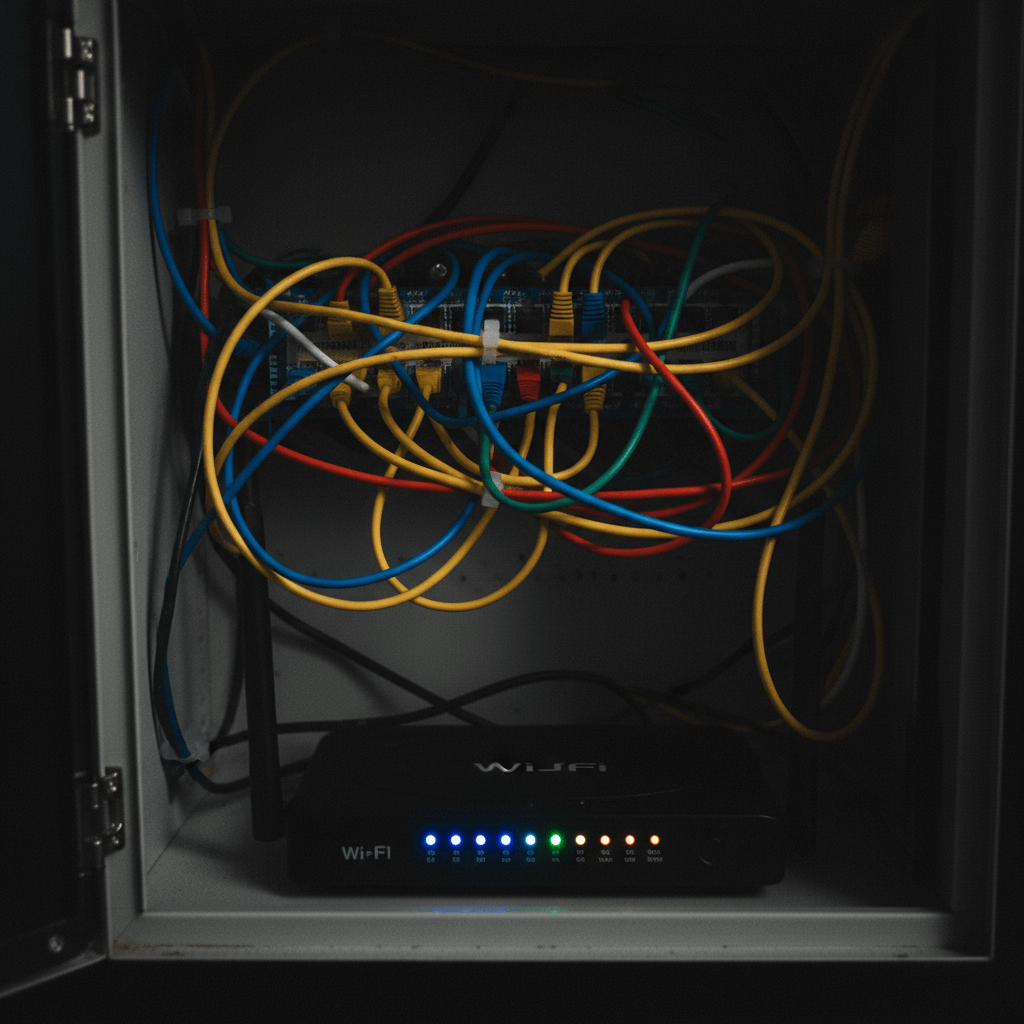 Netzwerkschrank mit Patchpanel und Router Verkabelung