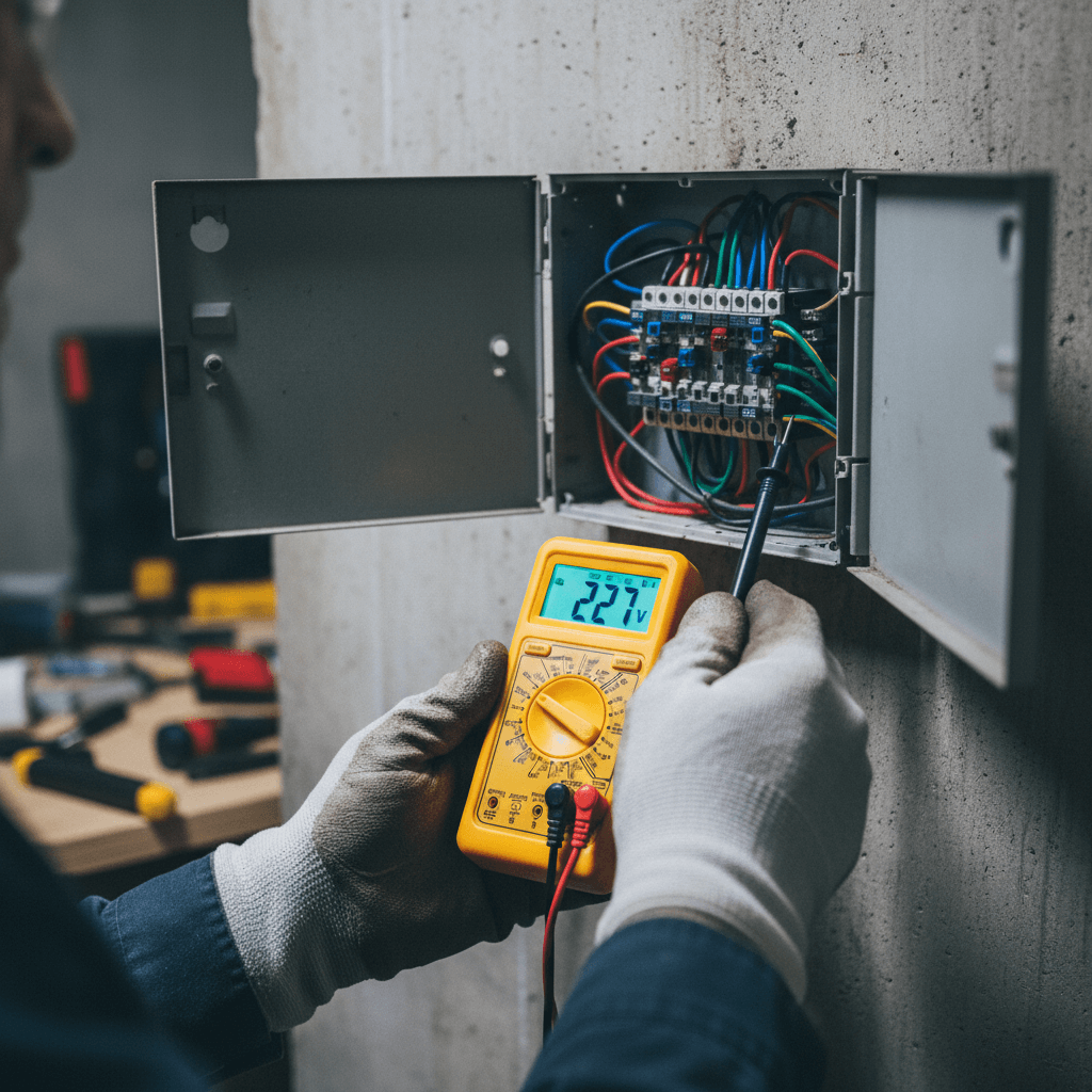 Erfahrener Handwerker prüft Schaltkasten mit Messgerät