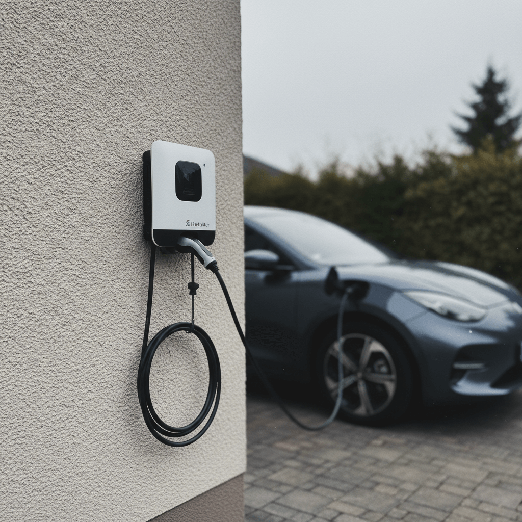 Installierte Wallbox an einer Hauswand mit Elektroauto